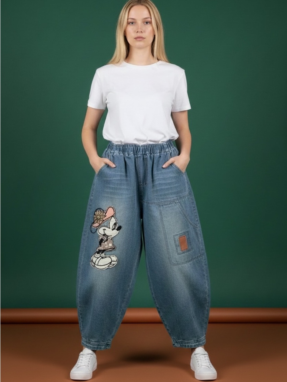 Blue Denim Cartoon Patch Cargo Pants